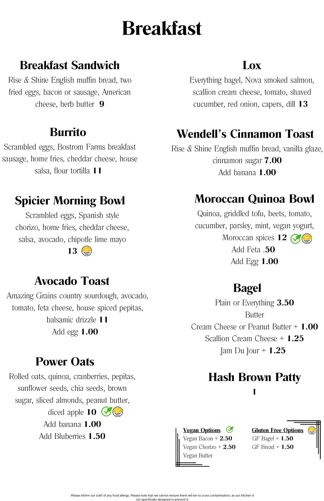 Breakfast Menu - Sandwiches, Burrito, Avocado Toast, Bagels