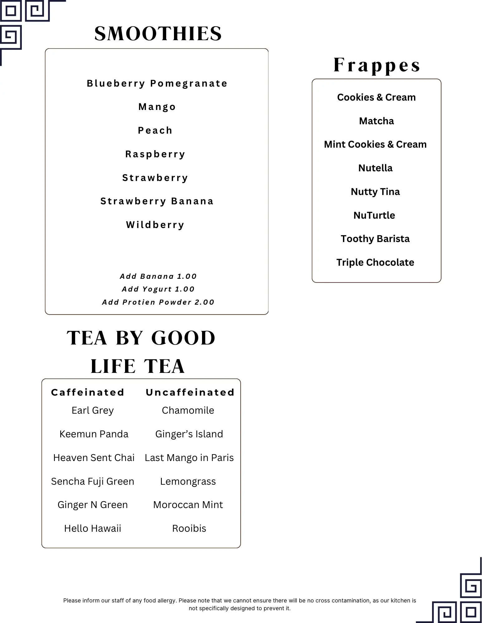 Smoothies, Frappes & Tea Selection